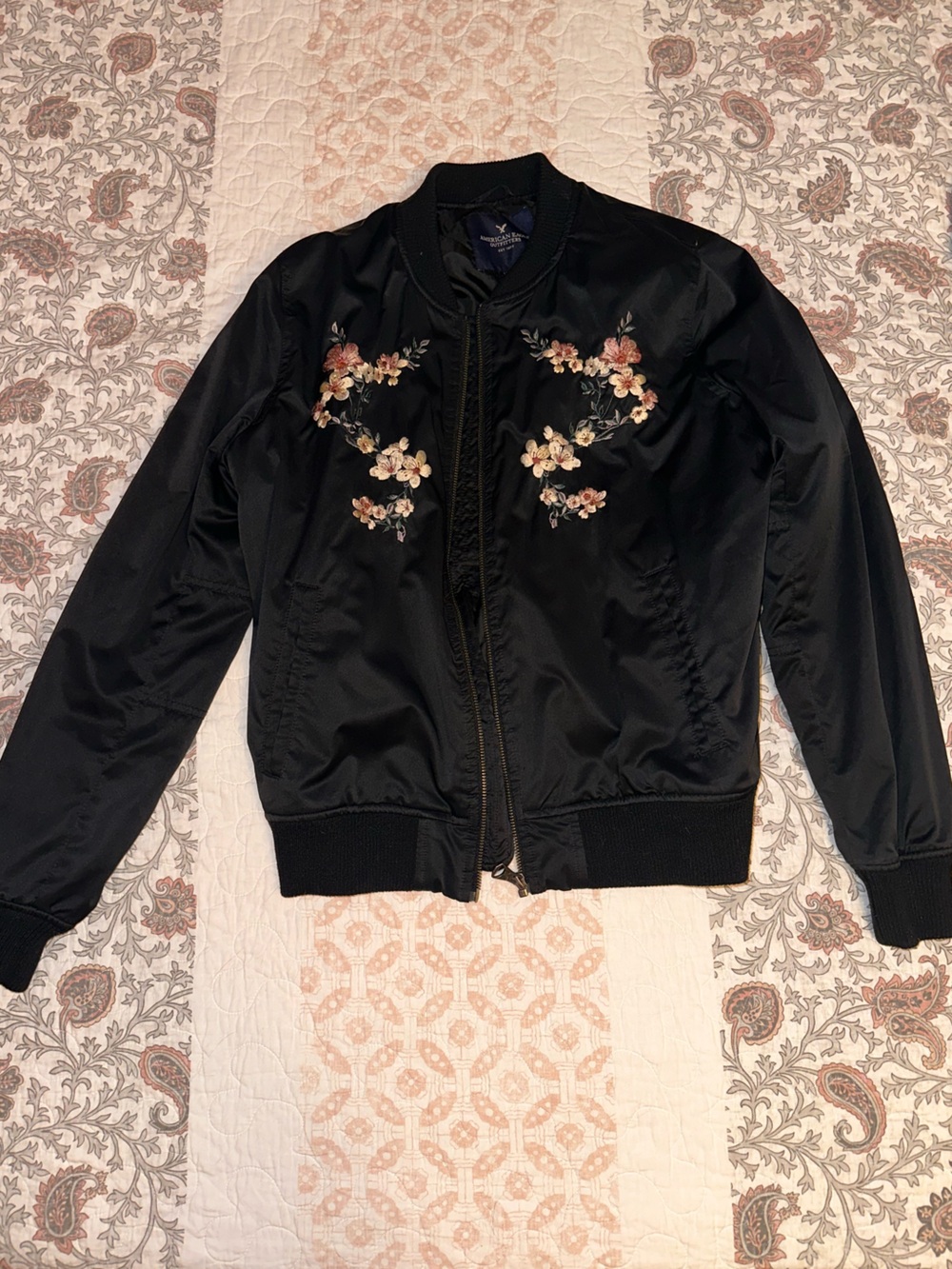 American Eagle Outfitters Black Bomber Jacket with Floral Embroidery